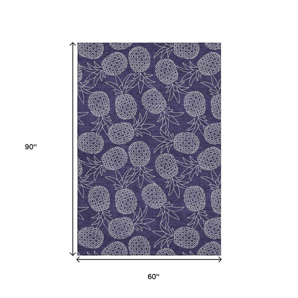 HomeRoots 5' X 8' Blue and Ivory Botanical Leaves Area Rug - Washable, UV-Protected, Durable for Homes with Kids 645501