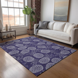 HomeRoots 5' X 8' Blue and Ivory Botanical Leaves Area Rug - Washable, UV-Protected, Durable for Homes with Kids 645501