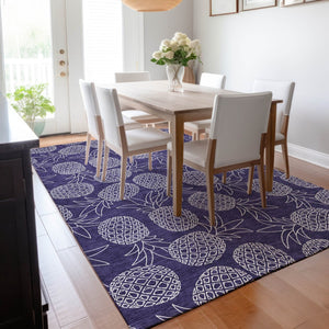 HomeRoots 5' X 8' Blue and Ivory Botanical Leaves Area Rug - Washable, UV-Protected, Durable for Homes with Kids 645501