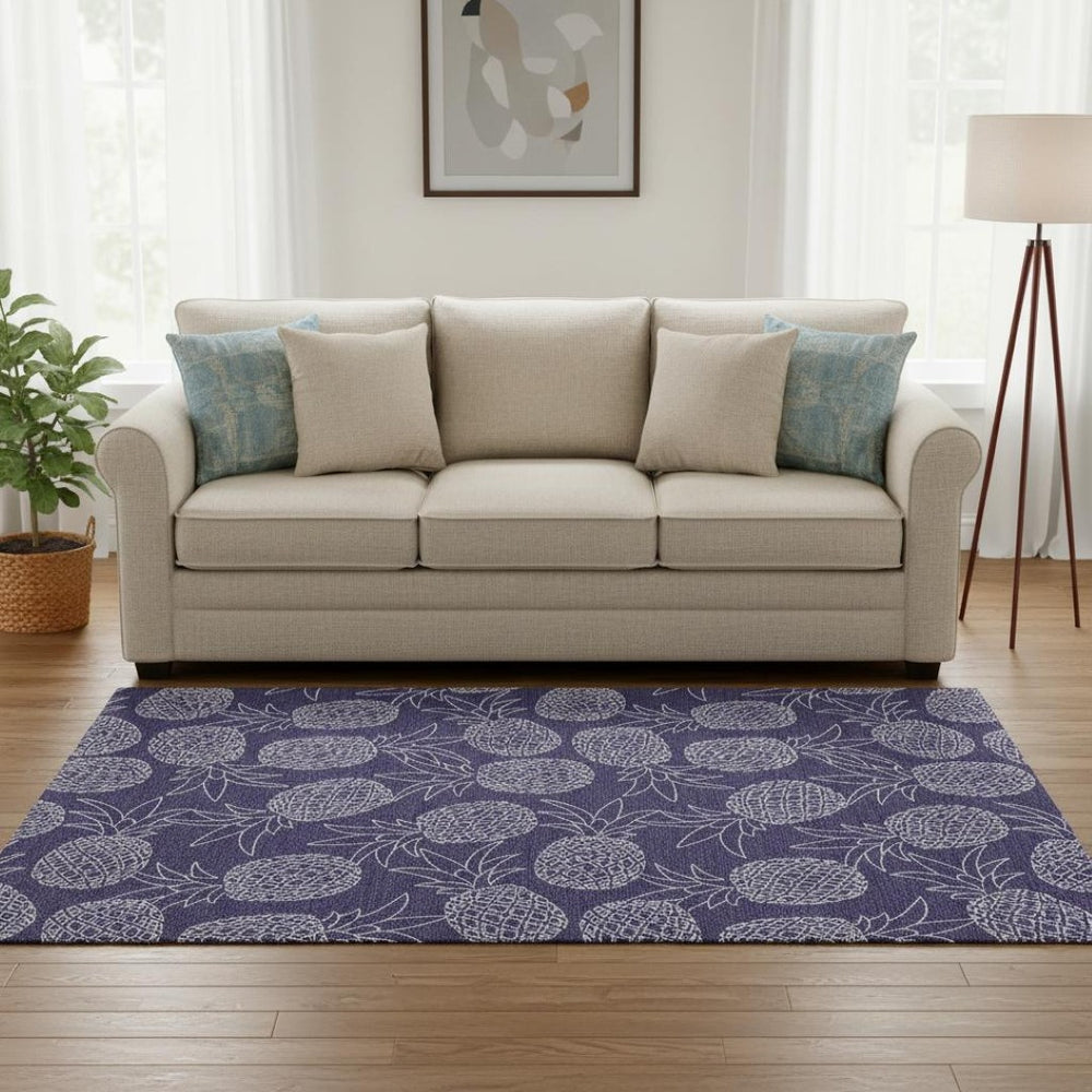 HomeRoots 5' X 8' Blue and Ivory Botanical Leaves Area Rug - Washable, UV-Protected, Durable for Homes with Kids 645501