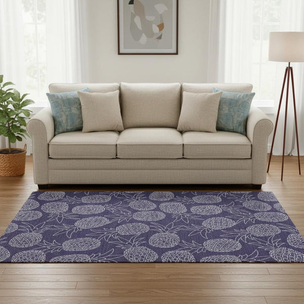 HomeRoots 5' X 8' Blue and Ivory Botanical Leaves Area Rug - Washable, UV-Protected, Durable for Homes with Kids 645501