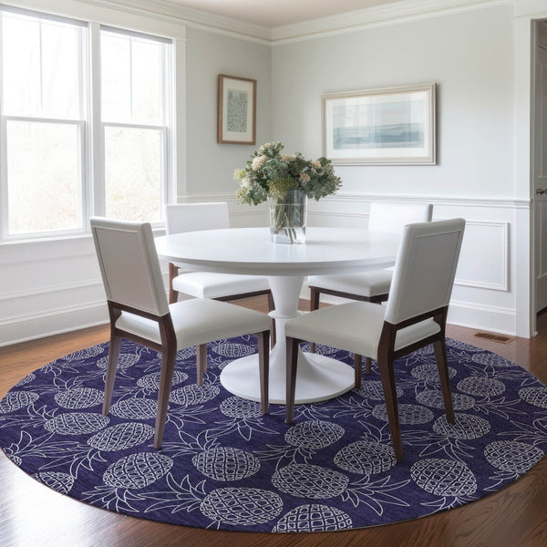 HomeRoots 8' Blue Botanical Leaves Round Rug - Washable, UV-Protected, Durable for Cozy Living Spaces & Patios 645502