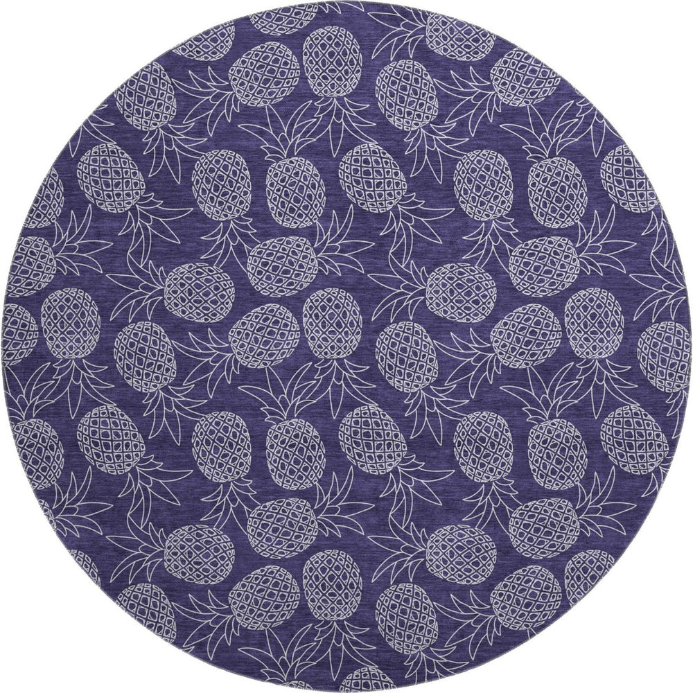 HomeRoots 8' Blue Botanical Leaves Round Rug - Washable, UV-Protected, Durable for Cozy Living Spaces & Patios 645502