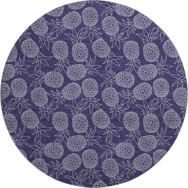 HomeRoots 8' Blue Botanical Leaves Round Rug - Washable, UV-Protected, Durable for Cozy Living Spaces & Patios 645502