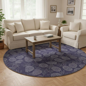 HomeRoots 8' Blue Botanical Leaves Round Rug - Washable, UV-Protected, Durable for Cozy Living Spaces & Patios 645502