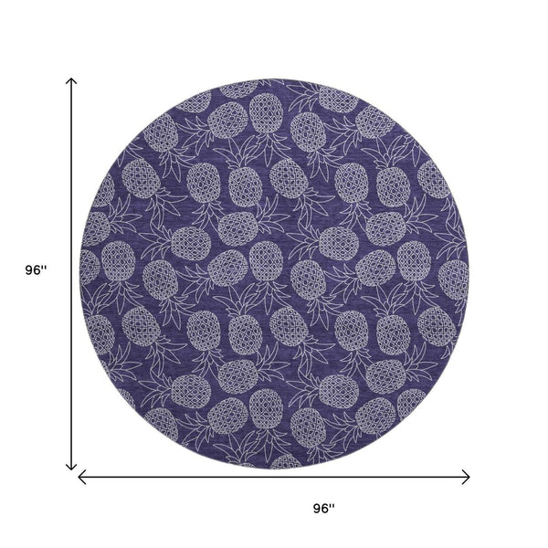 HomeRoots 8' Blue Botanical Leaves Round Rug - Washable, UV-Protected, Durable for Cozy Living Spaces & Patios 645502