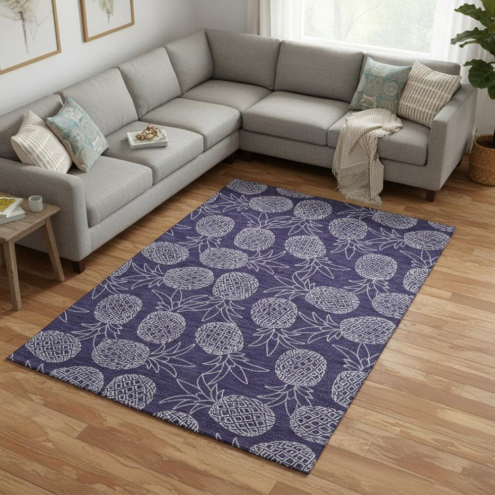 HomeRoots 9' X 12' Blue and Ivory Botanical Leaves Area Rug - Washable, UV Protected, Soft & Durable Design 645504