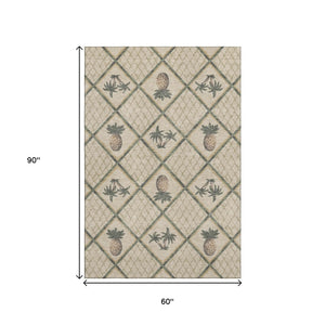 HomeRoots 5' X 8' Beige Gold Gray Botanical Area Rug - Washable, Stain Resistant, UV Protected for Homes 645507