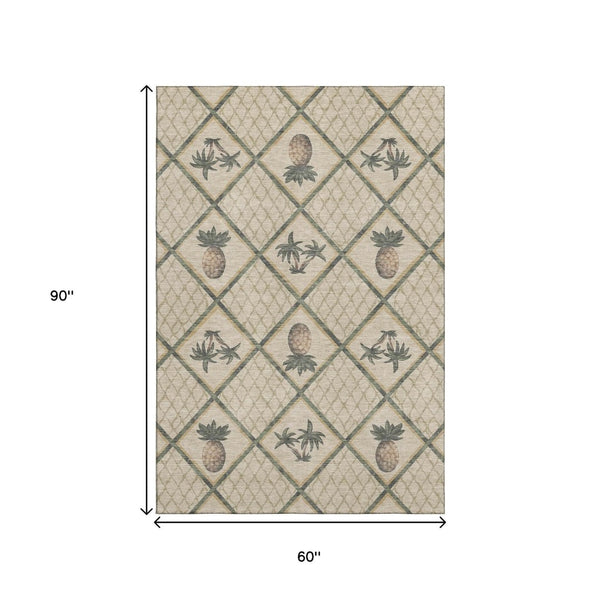 HomeRoots 5' X 8' Beige Gold Gray Botanical Area Rug - Washable, Stain Resistant, UV Protected for Homes 645507