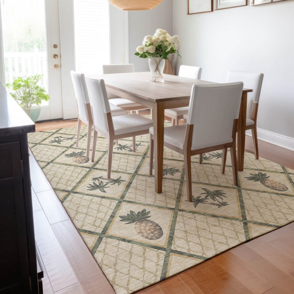 HomeRoots 5' X 8' Beige Gold Gray Botanical Area Rug - Washable, Stain Resistant, UV Protected for Homes 645507