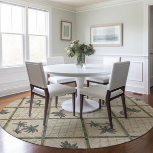 HomeRoots 8' Beige Gold and Gray Botanical Leaf Round Rug - Washable, UV Protected, Perfect for Busy Homes! 645508