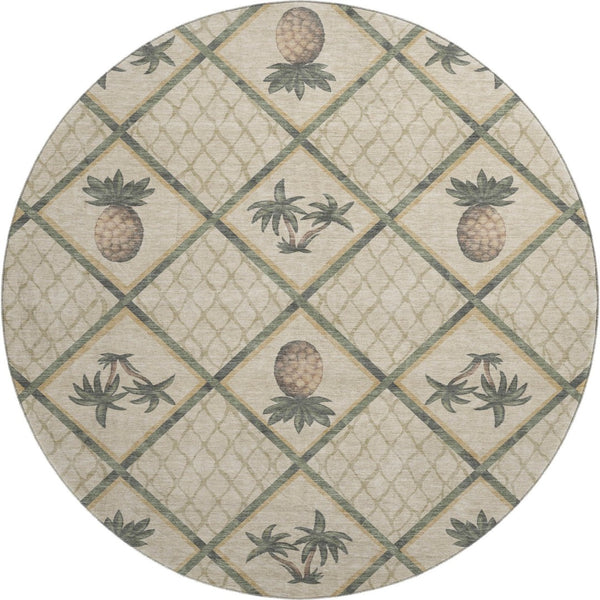 HomeRoots 8' Beige Gold and Gray Botanical Leaf Round Rug - Washable, UV Protected, Perfect for Busy Homes! 645508