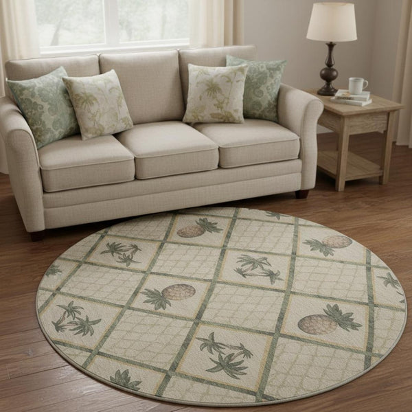 HomeRoots 8' Beige Gold and Gray Botanical Leaf Round Rug - Washable, UV Protected, Perfect for Busy Homes! 645508