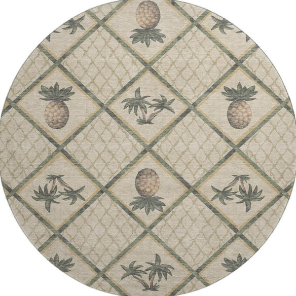 HomeRoots 8' Beige Gold and Gray Botanical Leaf Round Rug - Washable, UV Protected, Perfect for Busy Homes! 645508