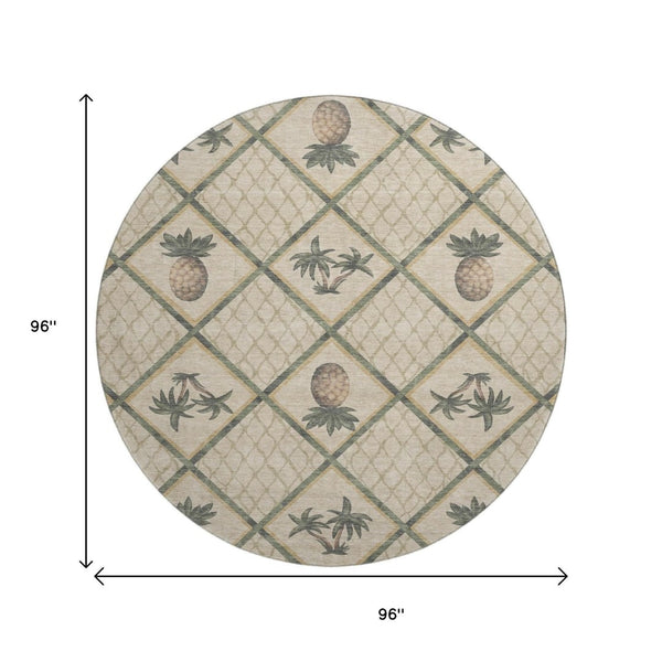 HomeRoots 8' Beige Gold and Gray Botanical Leaf Round Rug - Washable, UV Protected, Perfect for Busy Homes! 645508