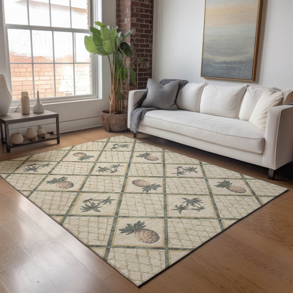 HomeRoots 8' X 10' Washable Beige, Gold & Gray Botanical Leaves Area Rug with UV Protection for High Traffic Spaces 645509