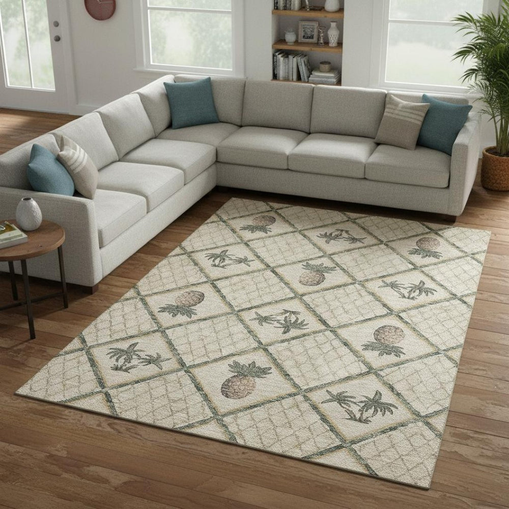 HomeRoots 8' X 10' Washable Beige, Gold & Gray Botanical Leaves Area Rug with UV Protection for High Traffic Spaces 645509