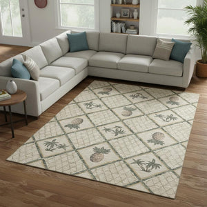 HomeRoots 8' X 10' Washable Beige, Gold & Gray Botanical Leaves Area Rug with UV Protection for High Traffic Spaces 645509