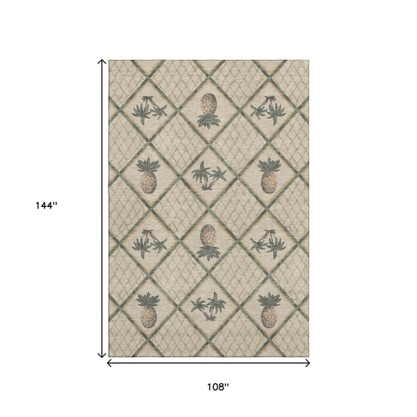HomeRoots 9' x 12' Botanical Leaves Area Rug in Beige Gold Gray - Washable, UV Protected, Durable Style 645510