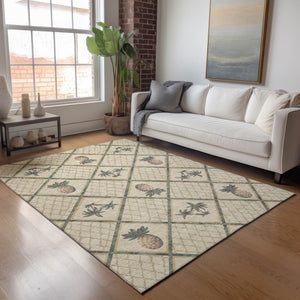 HomeRoots 9' x 12' Botanical Leaves Area Rug in Beige Gold Gray - Washable, UV Protected, Durable Style 645510