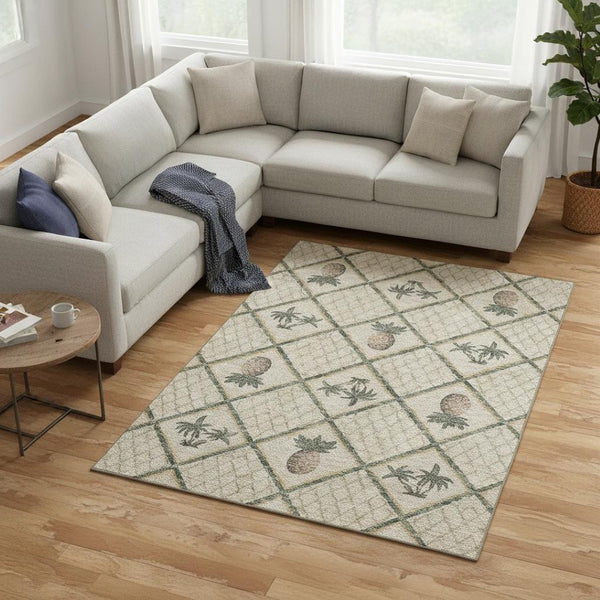 HomeRoots 10' X 14' Beige Gold Gray Botanical Area Rug - Washable, UV Protected, Durable for Busy Homes 645511