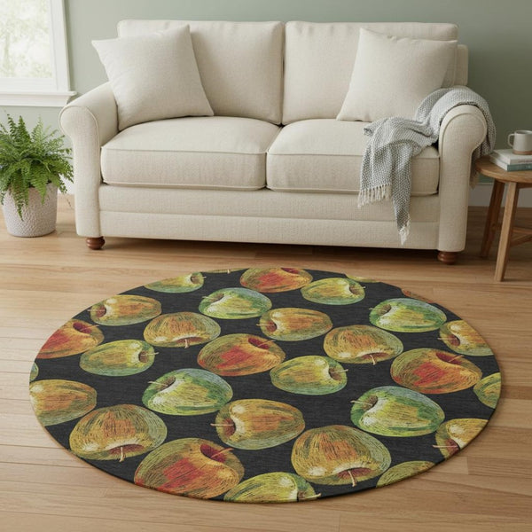 HomeRoots 8' Stylish Midnight Green and Red Geometric Washable Round Rug with UV Protection for Durability 645514