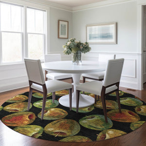 HomeRoots 8' Stylish Midnight Green and Red Geometric Washable Round Rug with UV Protection for Durability 645514