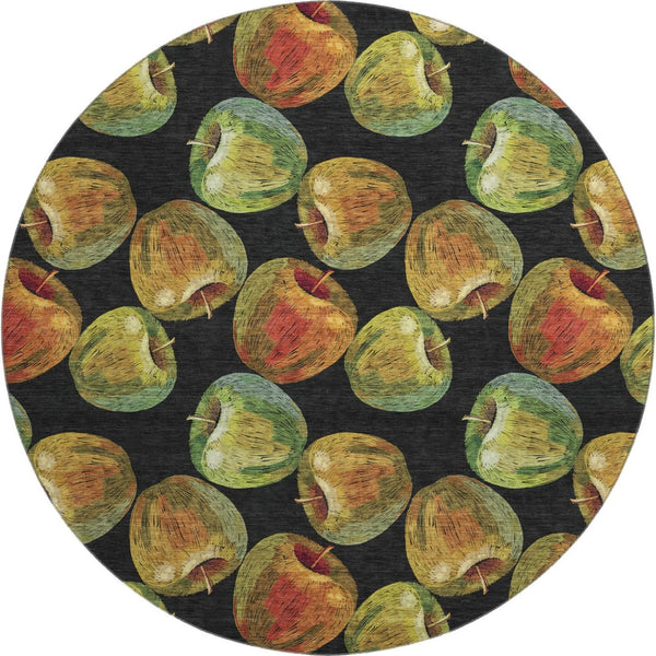 HomeRoots 8' Stylish Midnight Green and Red Geometric Washable Round Rug with UV Protection for Durability 645514