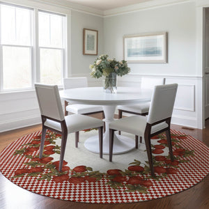 HomeRoots 8' Red And Ivory Geometric Round Rug - Washable, Stain-Resistant, UV Protected for High-Traffic Areas 645520