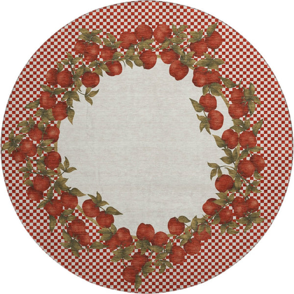 HomeRoots 8' Red And Ivory Geometric Round Rug - Washable, Stain-Resistant, UV Protected for High-Traffic Areas 645520