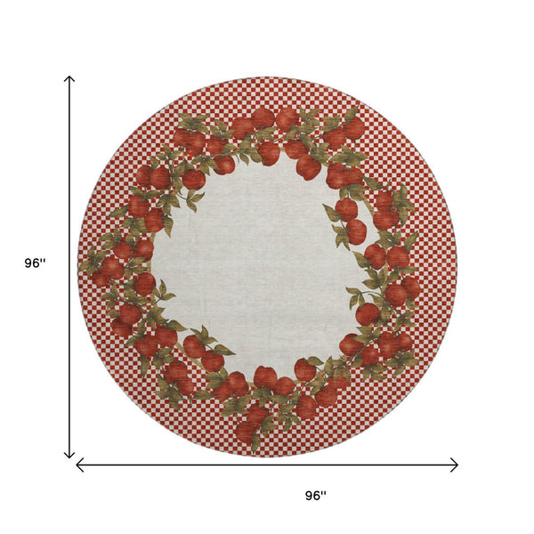 HomeRoots 8' Red And Ivory Geometric Round Rug - Washable, Stain-Resistant, UV Protected for High-Traffic Areas 645520