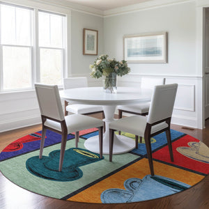 HomeRoots 8' Bold Blue, Orange & Red Geometric Washable Round Rug with UV Protection for Stylish Spaces 645526