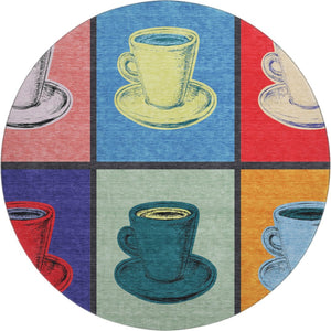 HomeRoots 8' Bold Blue, Orange & Red Geometric Washable Round Rug with UV Protection for Stylish Spaces 645526