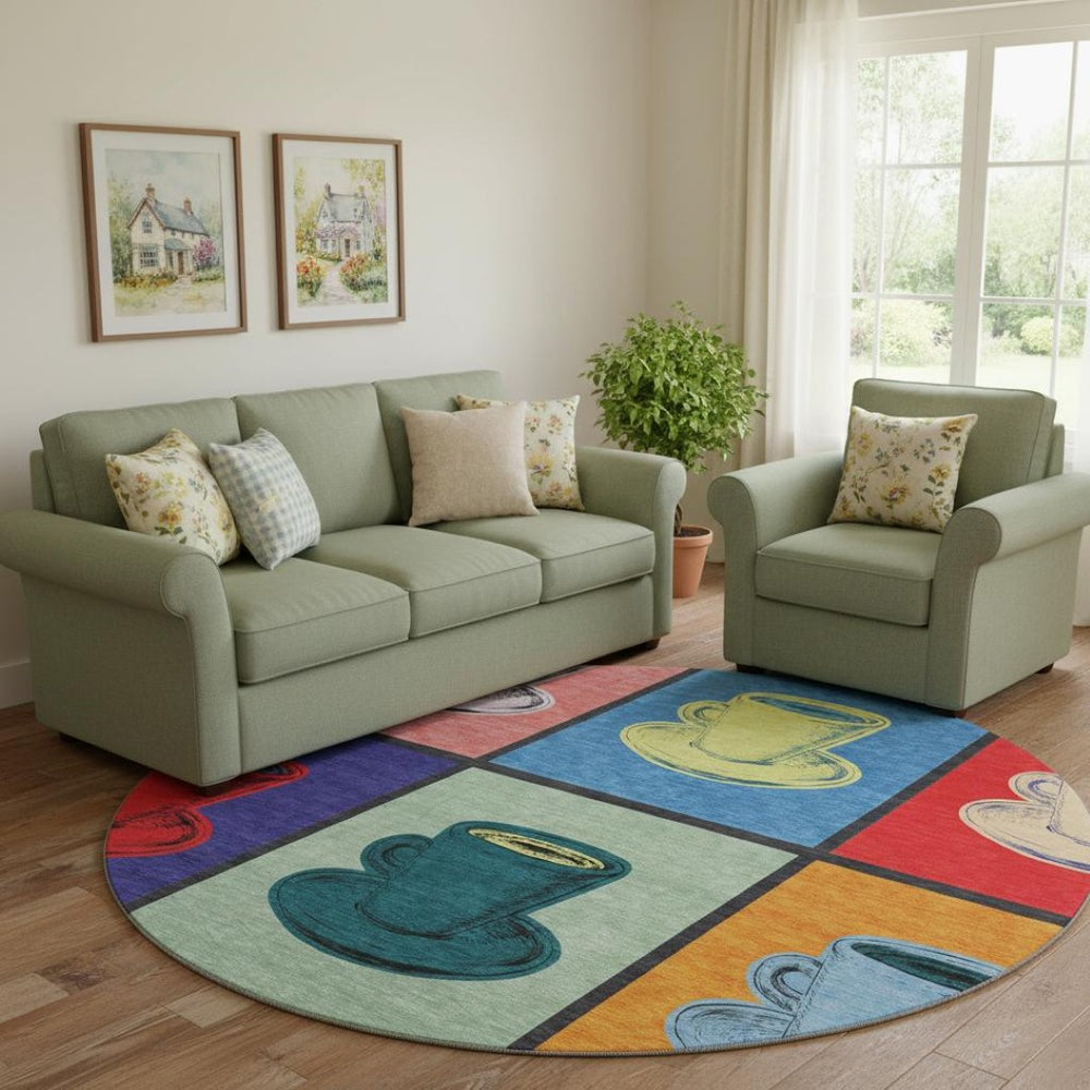 HomeRoots 8' Bold Blue, Orange & Red Geometric Washable Round Rug with UV Protection for Stylish Spaces 645526