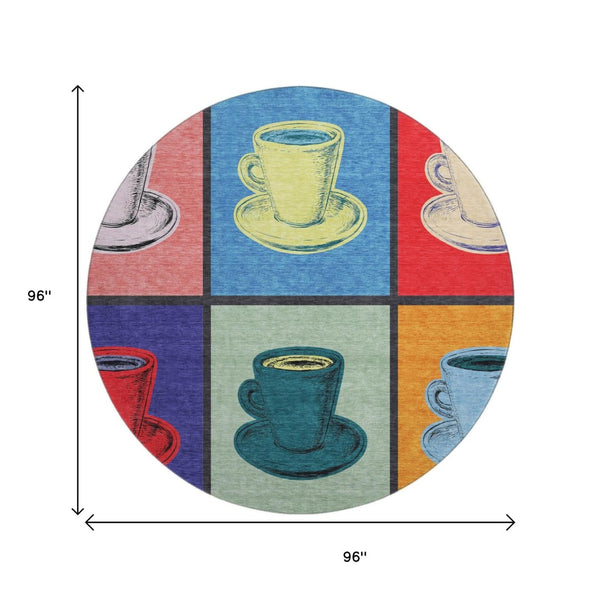 HomeRoots 8' Bold Blue, Orange & Red Geometric Washable Round Rug with UV Protection for Stylish Spaces 645526