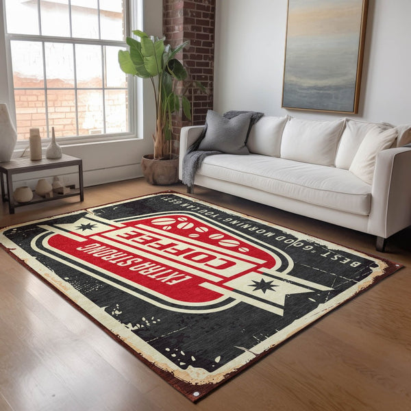 HomeRoots 5' X 8' Stylish Midnight Red & Ivory Geometric Area Rug – Durable, Washable, UV Protected Design! 645531