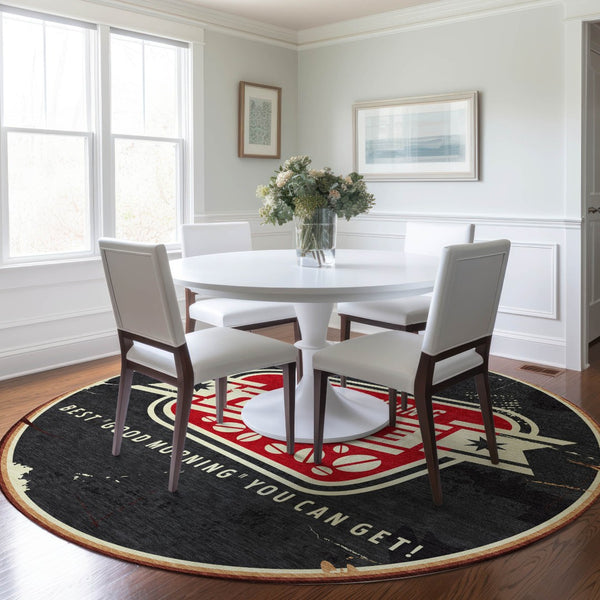 HomeRoots 8' Midnight Red Geometric Washable Round Rug - UV Protected, Stain Resistant, Perfect for Kids & Pets 645532