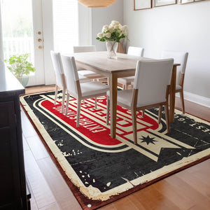 HomeRoots 8' X 10' Stylish Midnight Red and Ivory Geometric Area Rug – Washable, UV Protected, Durable Design 645533