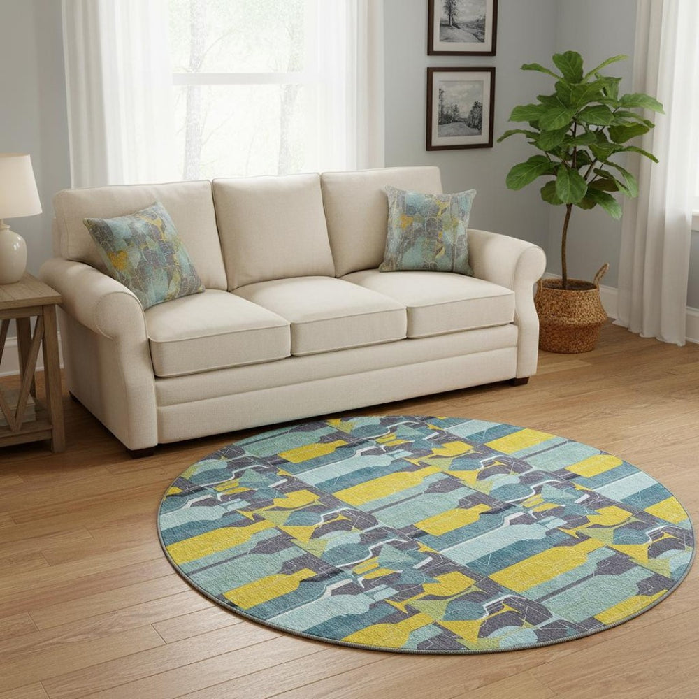 HomeRoots 8' Geometric Round Rug in Vibrant Blue, Yellow & Green - Washable, UV Protected for High-Traffic Areas 645544