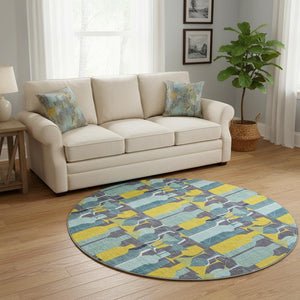 HomeRoots 8' Geometric Round Rug in Vibrant Blue, Yellow & Green - Washable, UV Protected for High-Traffic Areas 645544
