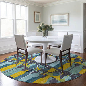 HomeRoots 8' Geometric Round Rug in Vibrant Blue, Yellow & Green - Washable, UV Protected for High-Traffic Areas 645544
