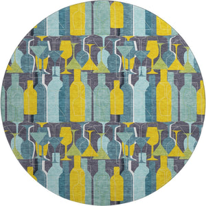 HomeRoots 8' Geometric Round Rug in Vibrant Blue, Yellow & Green - Washable, UV Protected for High-Traffic Areas 645544