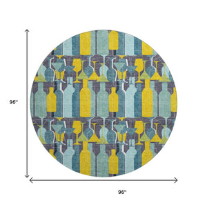 HomeRoots 8' Geometric Round Rug in Vibrant Blue, Yellow & Green - Washable, UV Protected for High-Traffic Areas 645544