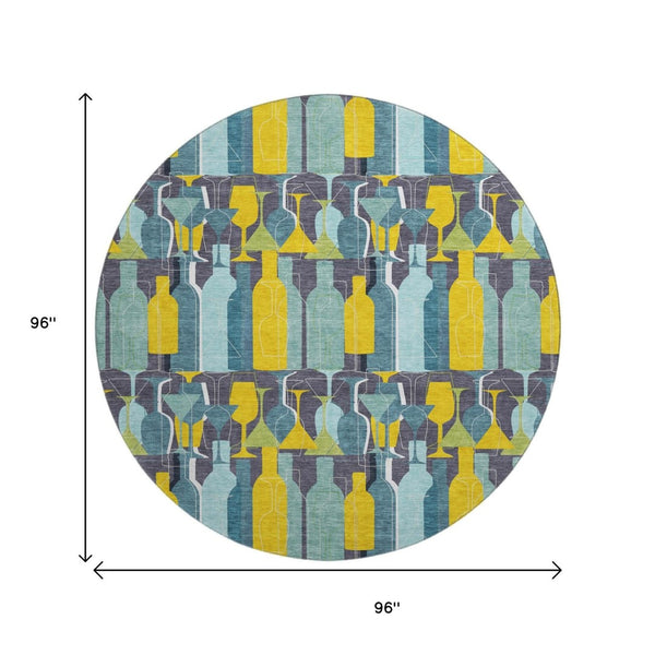 HomeRoots 8' Geometric Round Rug in Vibrant Blue, Yellow & Green - Washable, UV Protected for High-Traffic Areas 645544