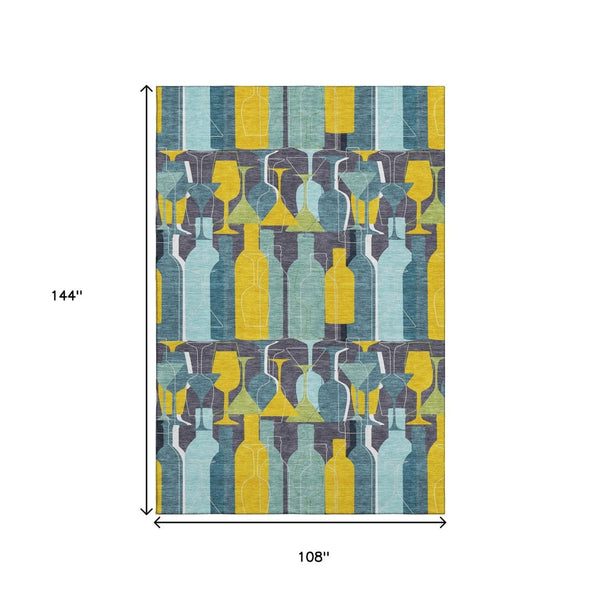 HomeRoots 9' Geometric Washable Area Rug in Blue, Yellow & Green - UV Protection, Stain Resistant & Soft Backing! 645546