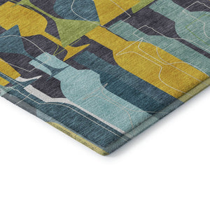 HomeRoots 9' Geometric Washable Area Rug in Blue, Yellow & Green - UV Protection, Stain Resistant & Soft Backing! 645546