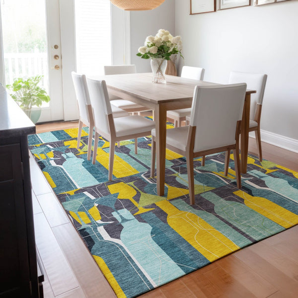 HomeRoots 9' Geometric Washable Area Rug in Blue, Yellow & Green - UV Protection, Stain Resistant & Soft Backing! 645546