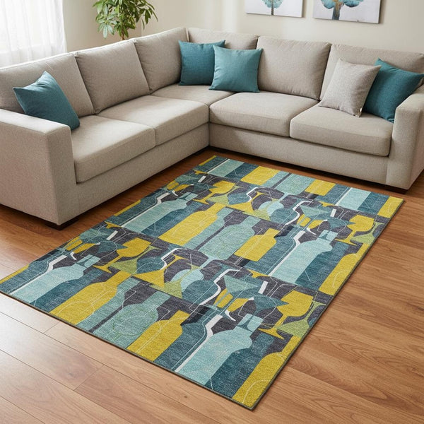 HomeRoots 9' Geometric Washable Area Rug in Blue, Yellow & Green - UV Protection, Stain Resistant & Soft Backing! 645546