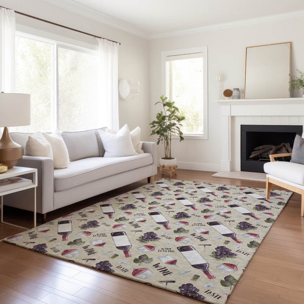 HomeRoots 5' X 8' Stylish Geometric Area Rug in Ivory, Purple & Green - Machine Washable & UV Protected! 645549