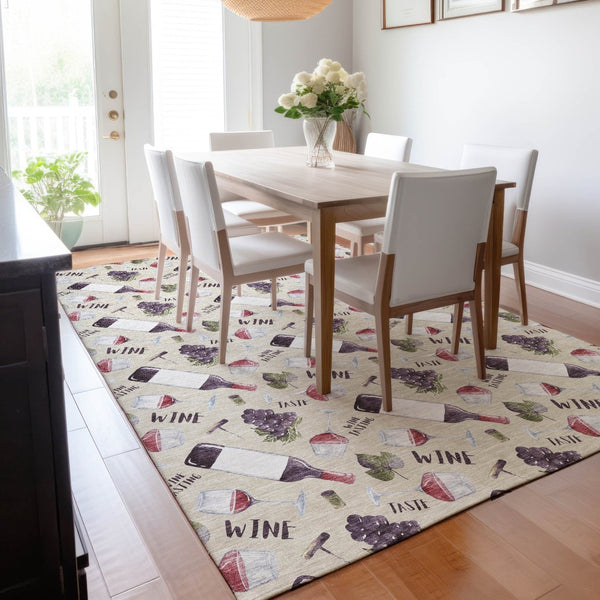 HomeRoots 5' X 8' Stylish Geometric Area Rug in Ivory, Purple & Green - Machine Washable & UV Protected! 645549